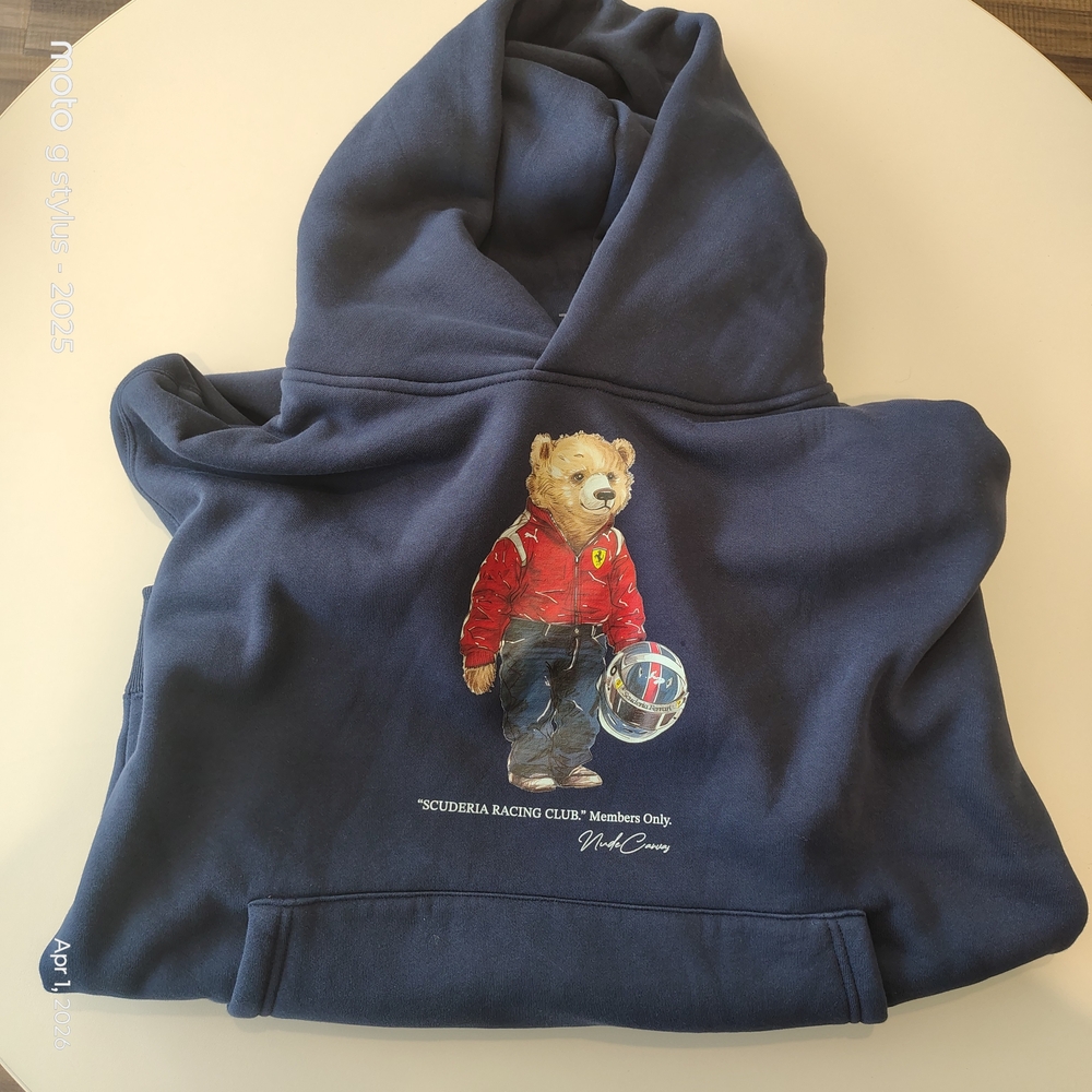 🟡🔥NUDE CANVAS - Adult XL Navy Hoodie with Racing Bear Graphic ( NWOT)